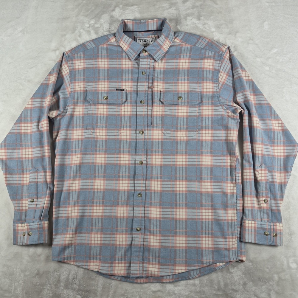 Poncho Flannel Shirt Men's Large Blue Pink Plaid Long Sleeve Regular Fit Comfort